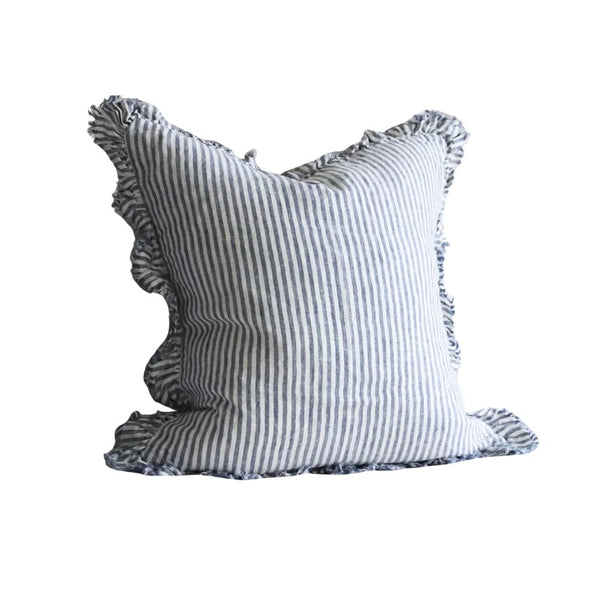 Navy Stripe Ruffle Cushion