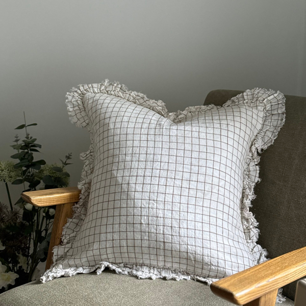 Brown Check Ruffle Cushion