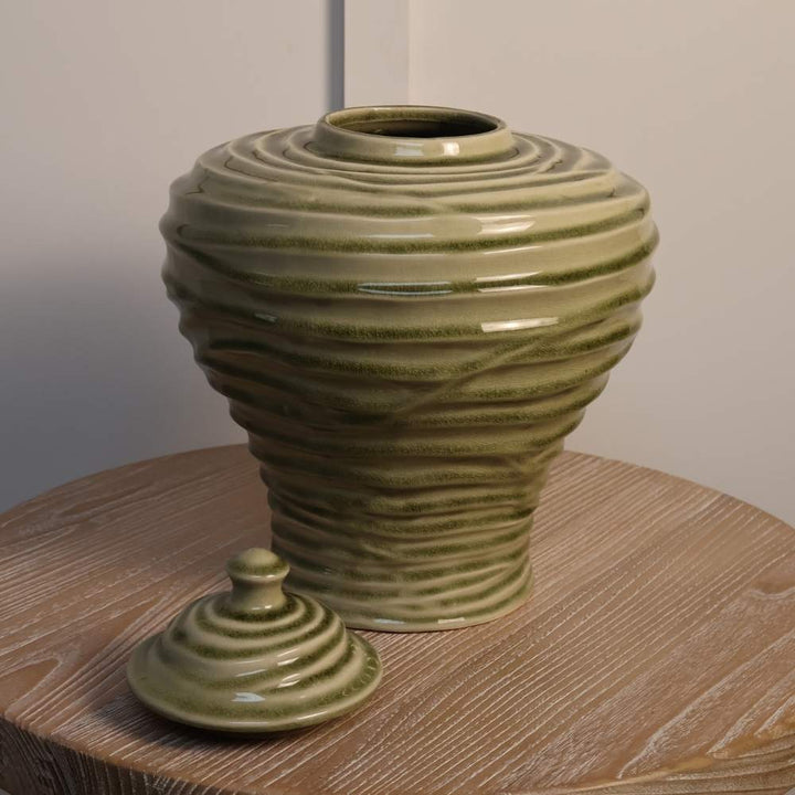 small sage rippled lidded vase